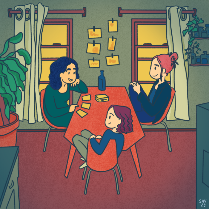 illustration of three friends sitting at a cozy table in an apartment