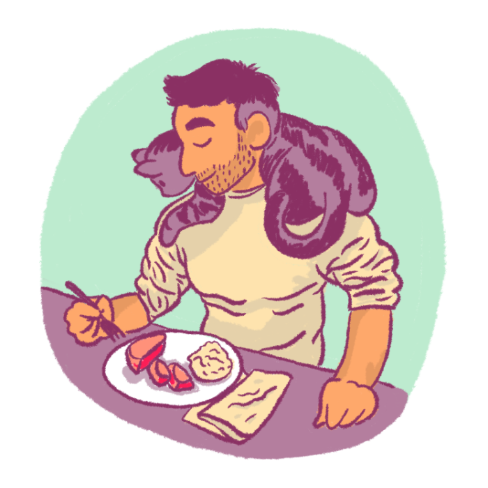 illustration of a man eating dinner while his cat perches on his shoulders
