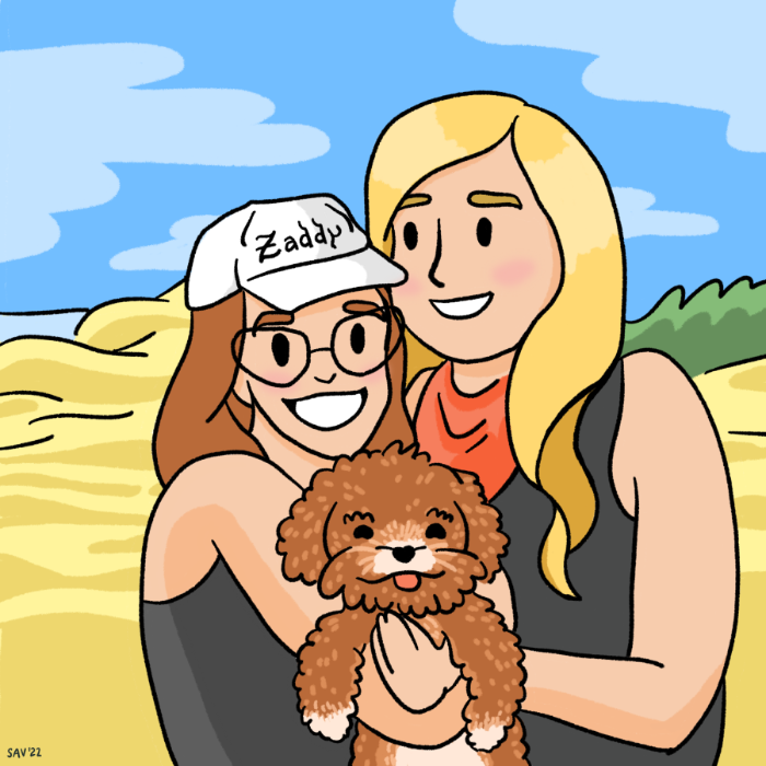 portrait illustration of a couple and their dog