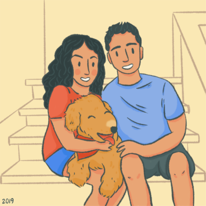portrait illustration of two friends and their dog