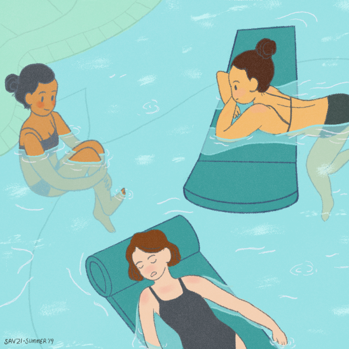 illustration of three friends hanging out in a pool