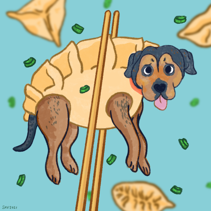 illustration of a dog inside a dumpling, held up with chopsticks